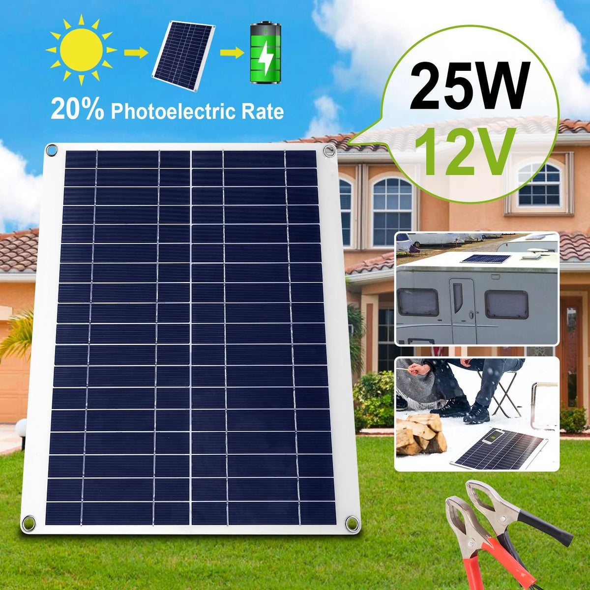 Solar Battery Charger 12V 25W Panel with Dual USB and Clips