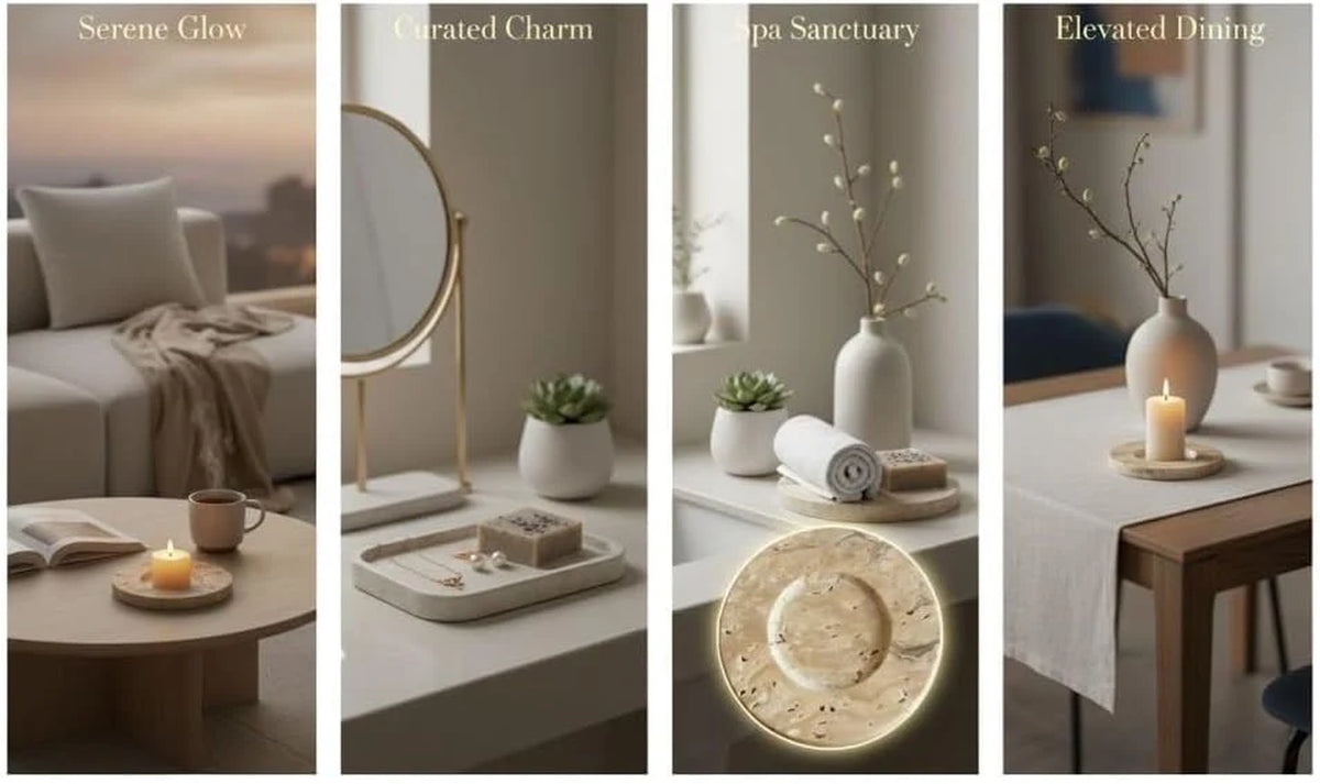 Travertine Candle Holders - Set of 2 Round Stone Trays – image 2