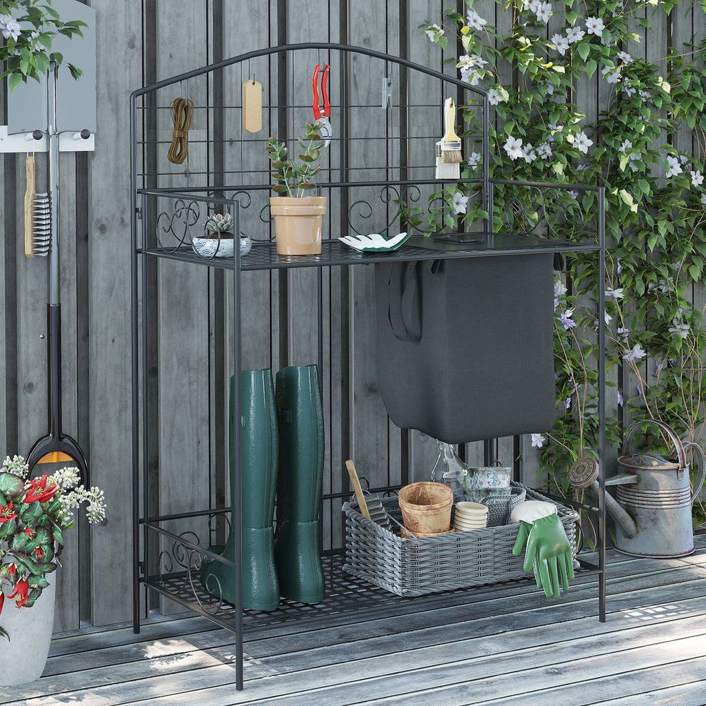Folding Metal Potting Table with Soil Bag, Tool Hooks and Shelf – image 2