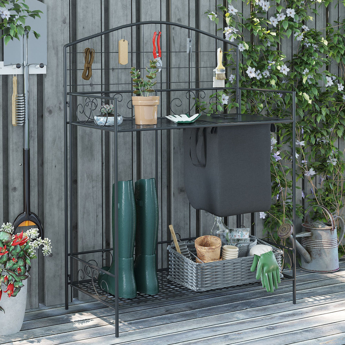 Folding Metal Potting Table with Soil Bag, Tool Hooks and Shelf – image 2