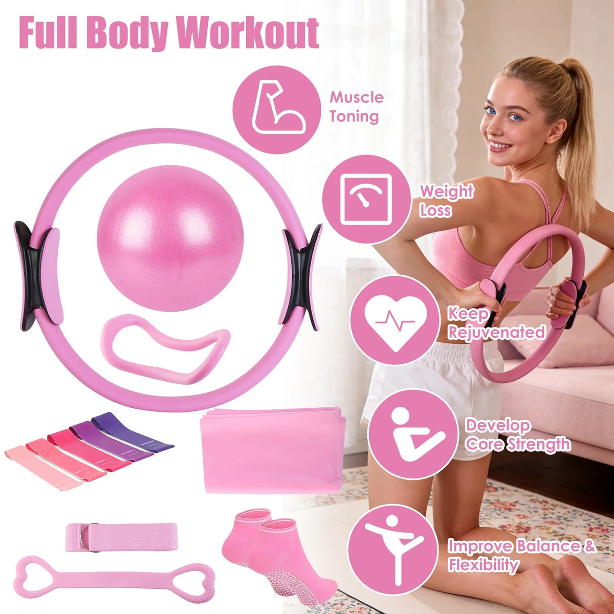 Pilates Ring Kit 14 Piece with Yoga Ball and Resistance Bands – image 3