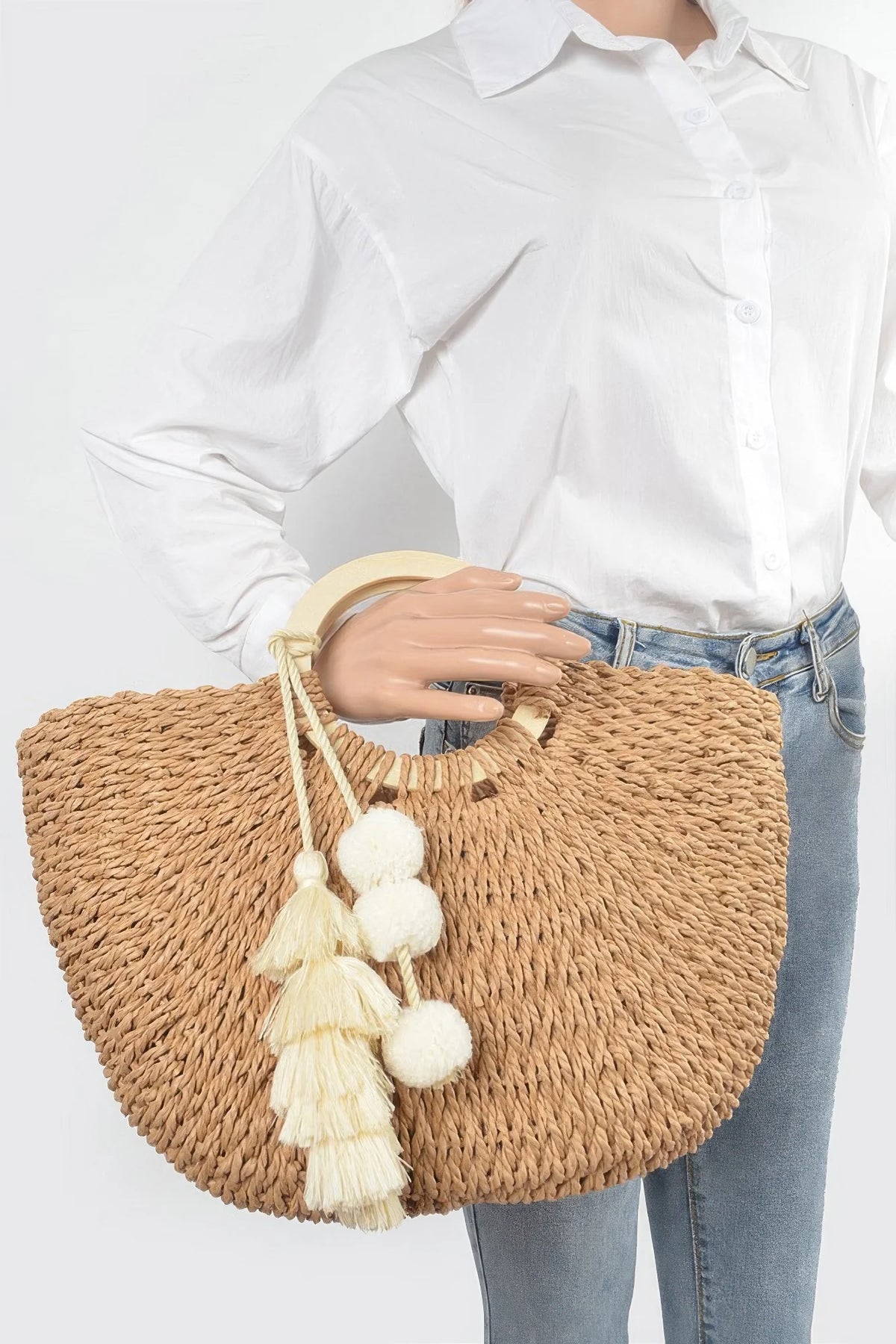 Woven Wood Handle Tote Bag with Tassels, Khaki – image 2