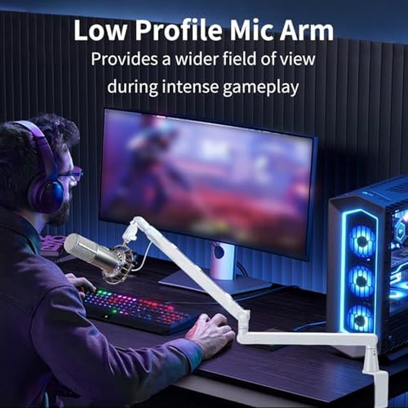 Low Profile Microphone Boom Arm, 360-Degree Desk Mount, White – image 3
