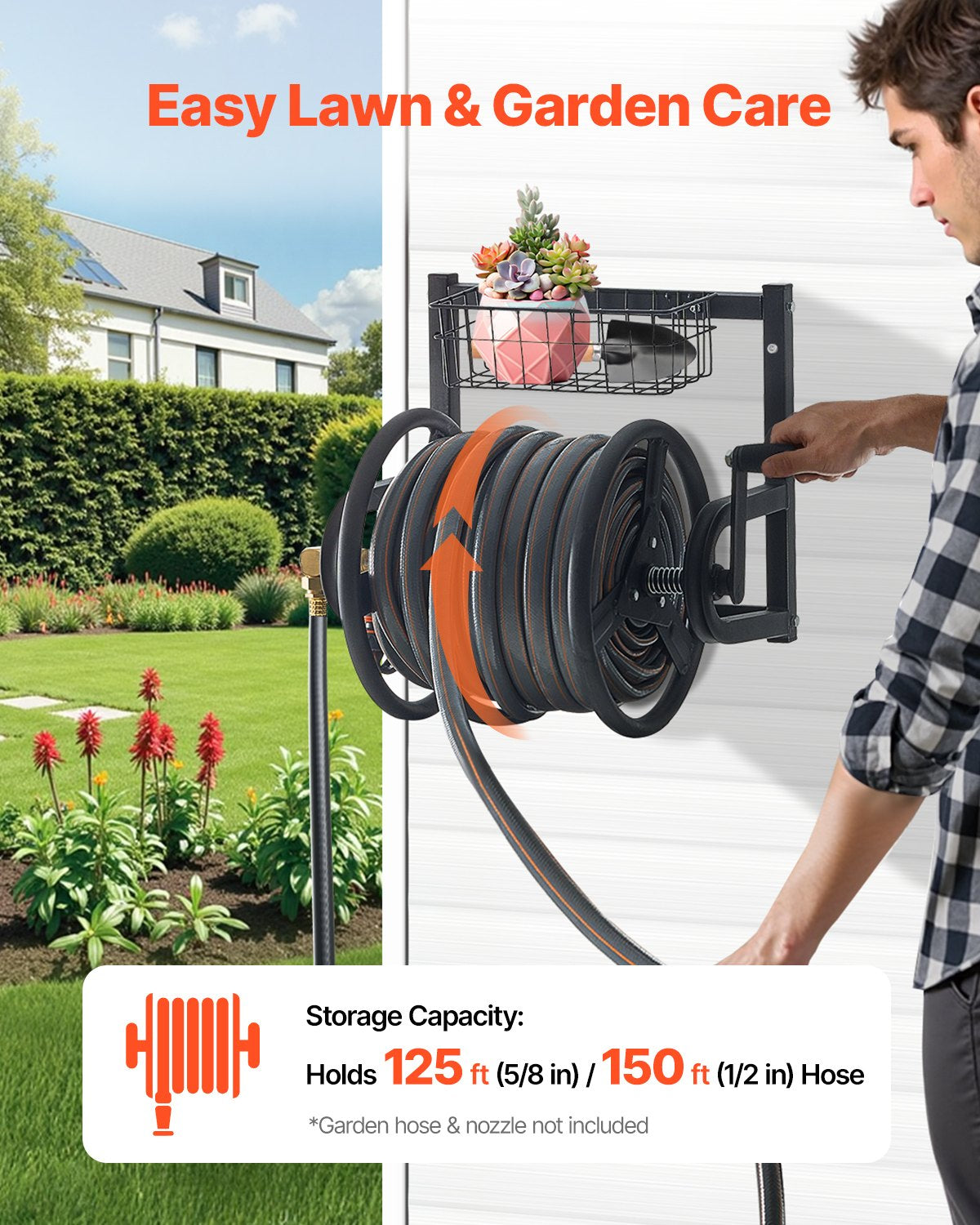 Wall Mounted Garden Hose Reel 125 ft with Brass Fitting and Basket – image 9