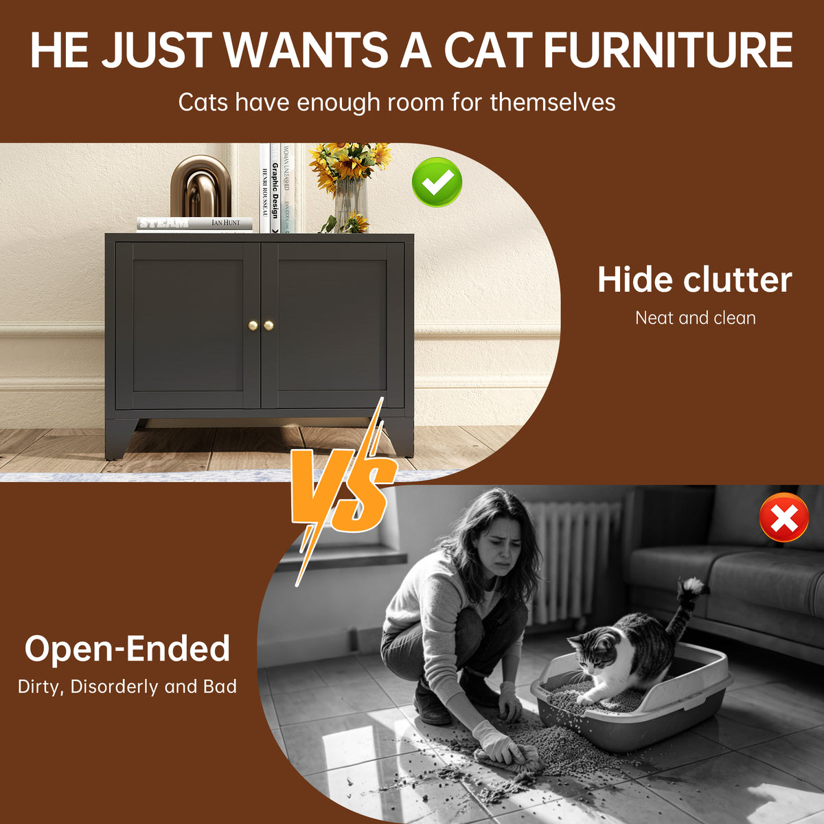 Cat Litter Box Enclosure, Metal Hidden Litter Box Side Table, Black – image 3