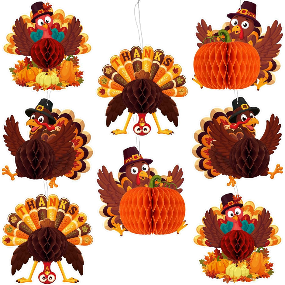 Hanging Paper Turkey Honeycomb Decorations, 8 Pack