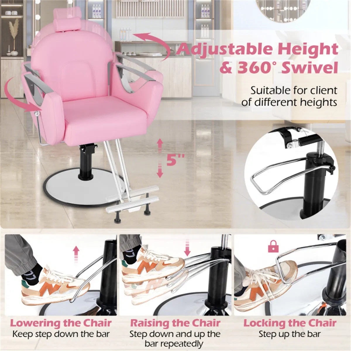 Pink Reclining Barber Chair with Adjustable Headrest – image 4