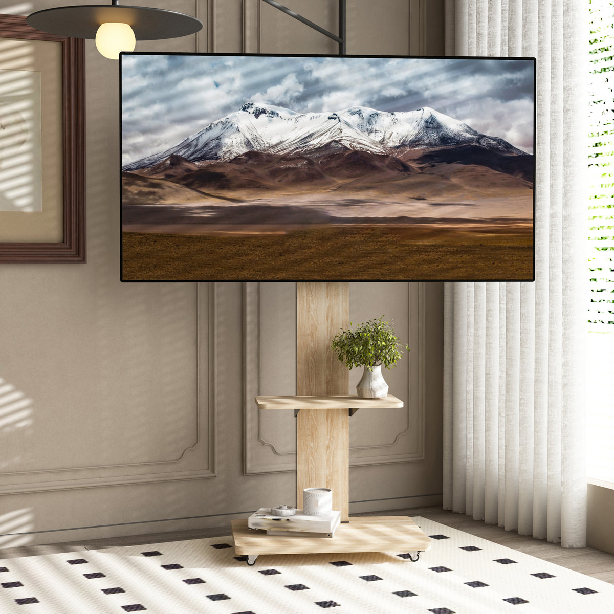 Wood TV Floor Stand with Shelf and Lockable Wheels for 32-75 Inch – image 1