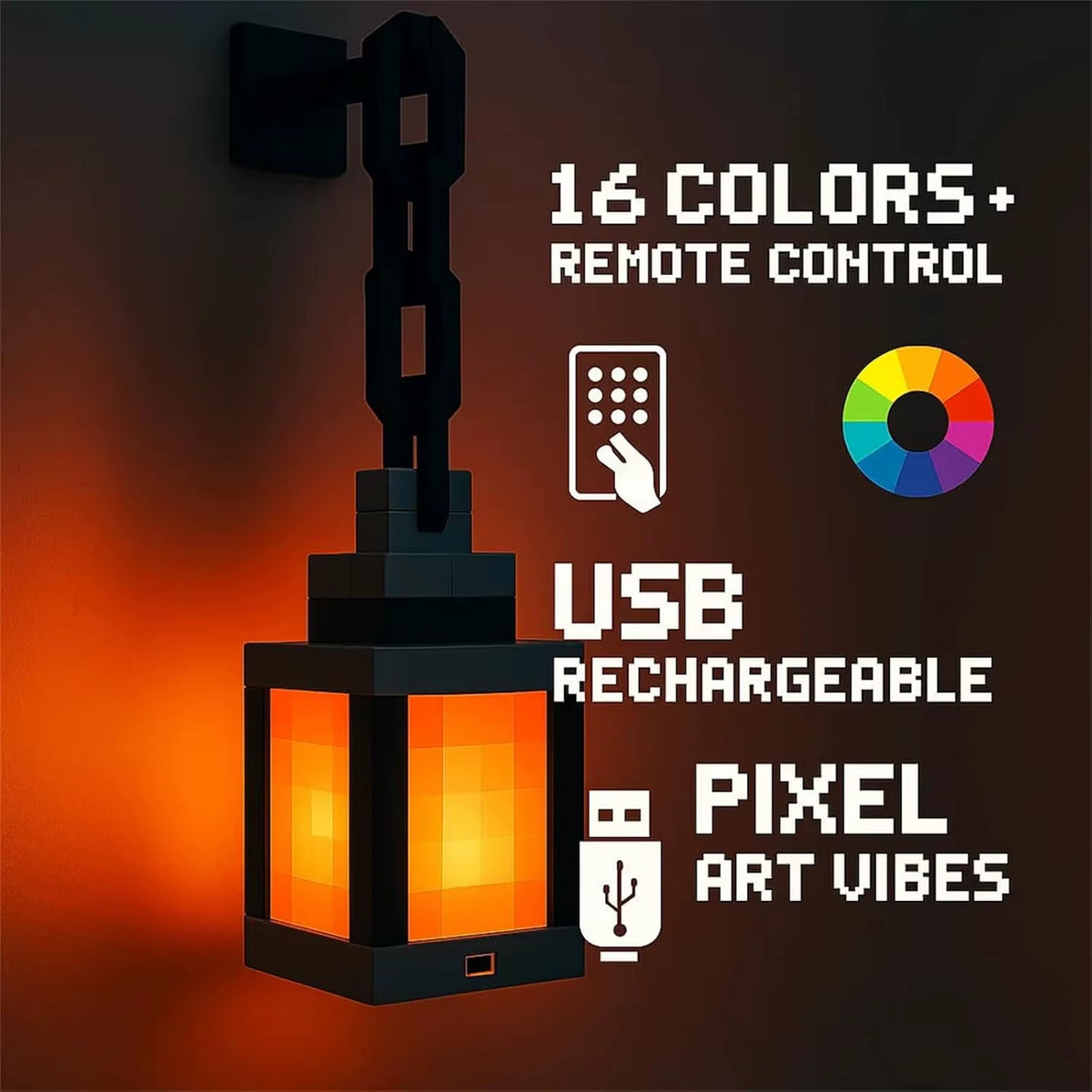 Pixel Art Lantern Night Light - Portable 16-Color LED Tabletop Lamp