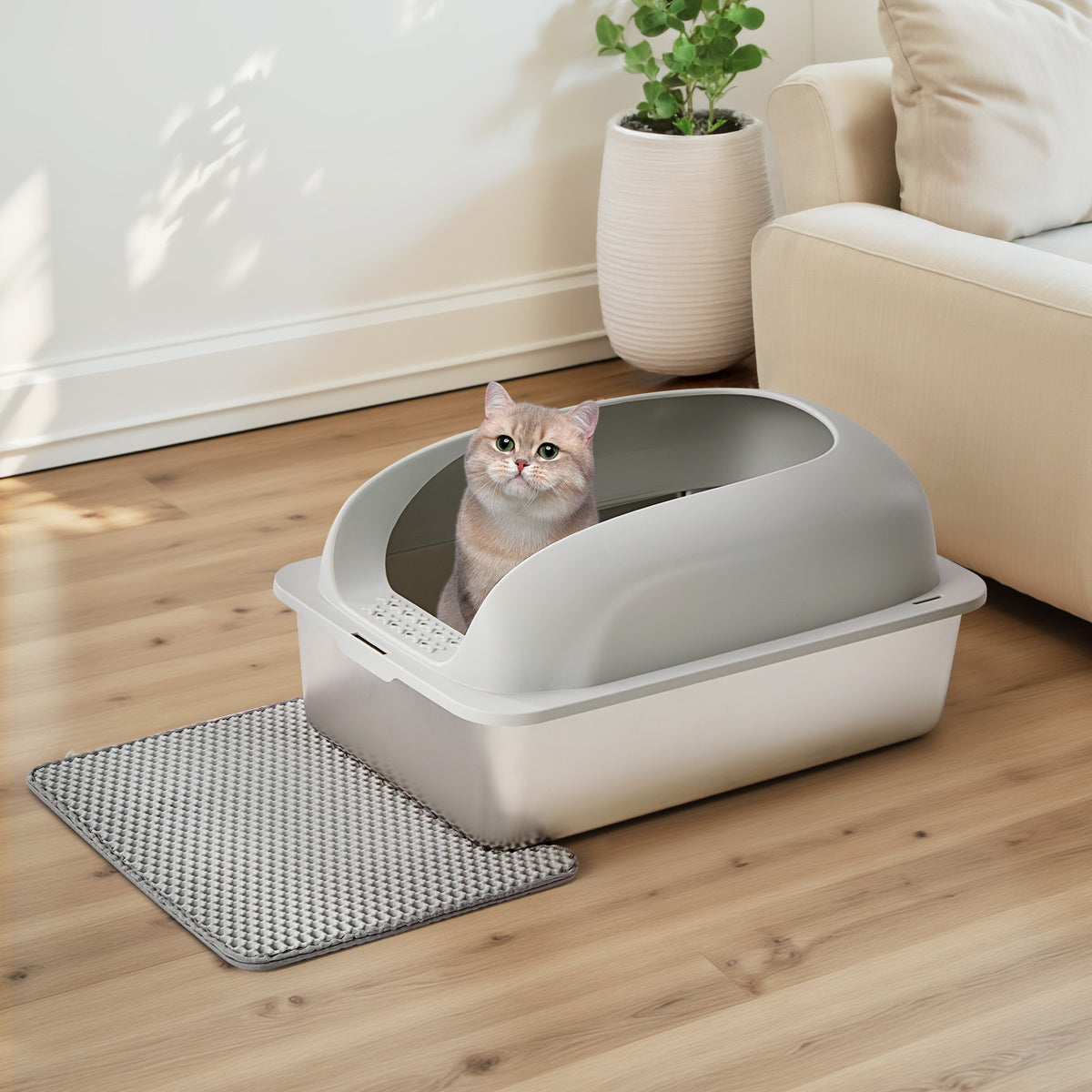 Stainless Steel Cat Litter Box with Lid Large with Scoop and Mat – image 4