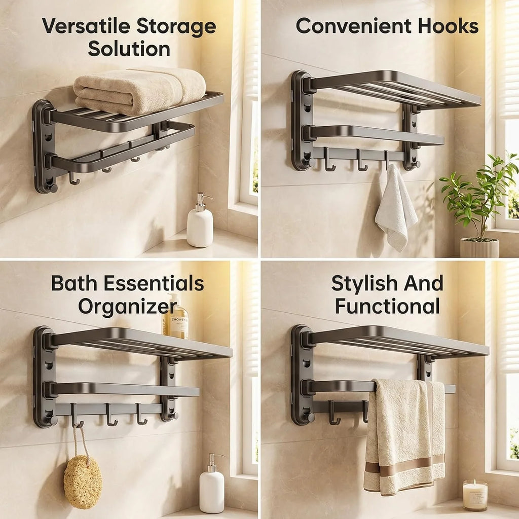 Towel Rack Suction Wall Shelf, Foldable Double Bar with Hooks – image 5