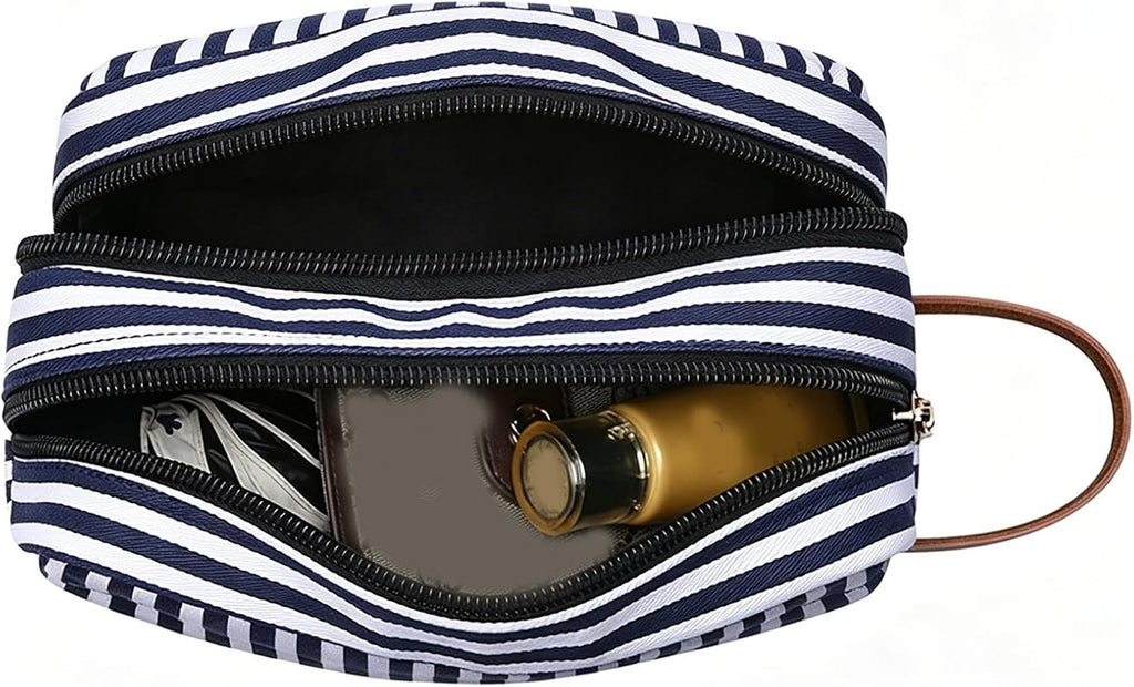 Canvas Makeup Bag – Blue Stripe Zippered Cosmetic Pouch – image 6
