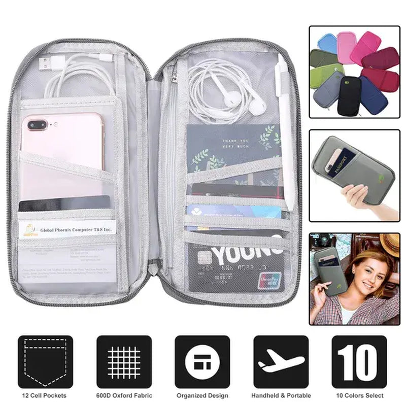 Travel Passport Wallet, Zip Document Organizer with Phone Pocket