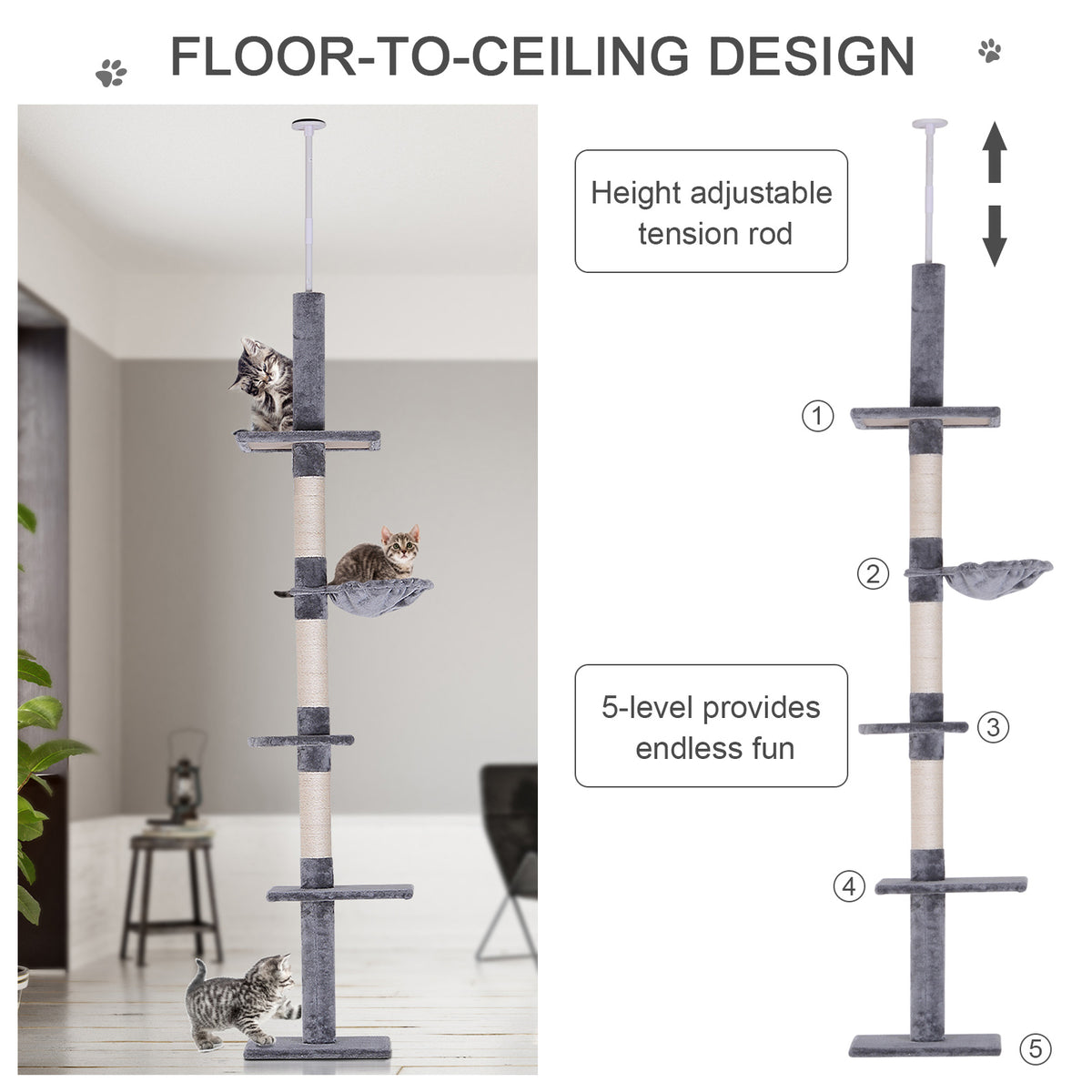 Floor to Ceiling Cat Tree, Adjustable 90.5-102 in 5-Tier Tower – image 5
