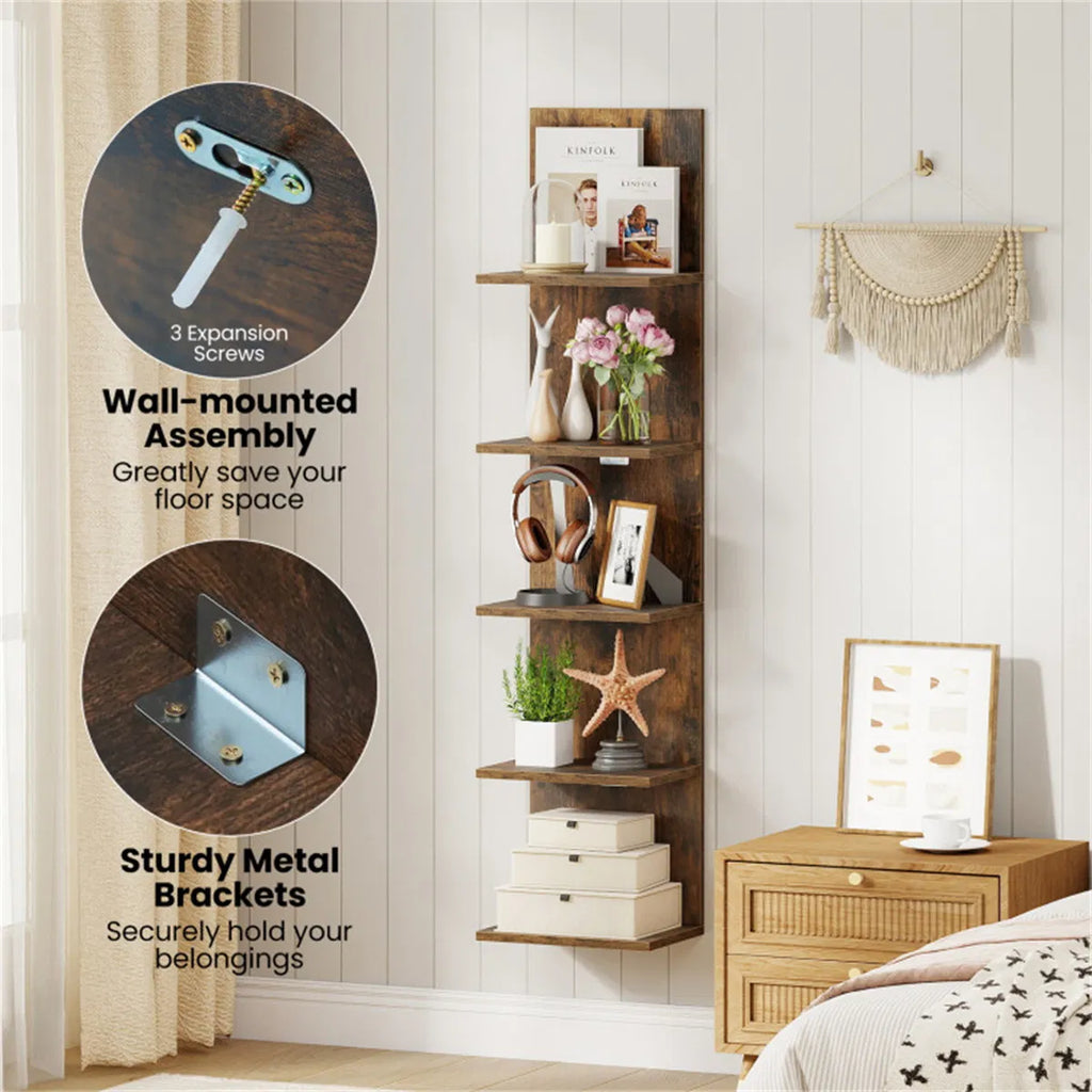 Floating Wall Shelf 5-Tier Rustic Wood Vertical Display Rack – image 9