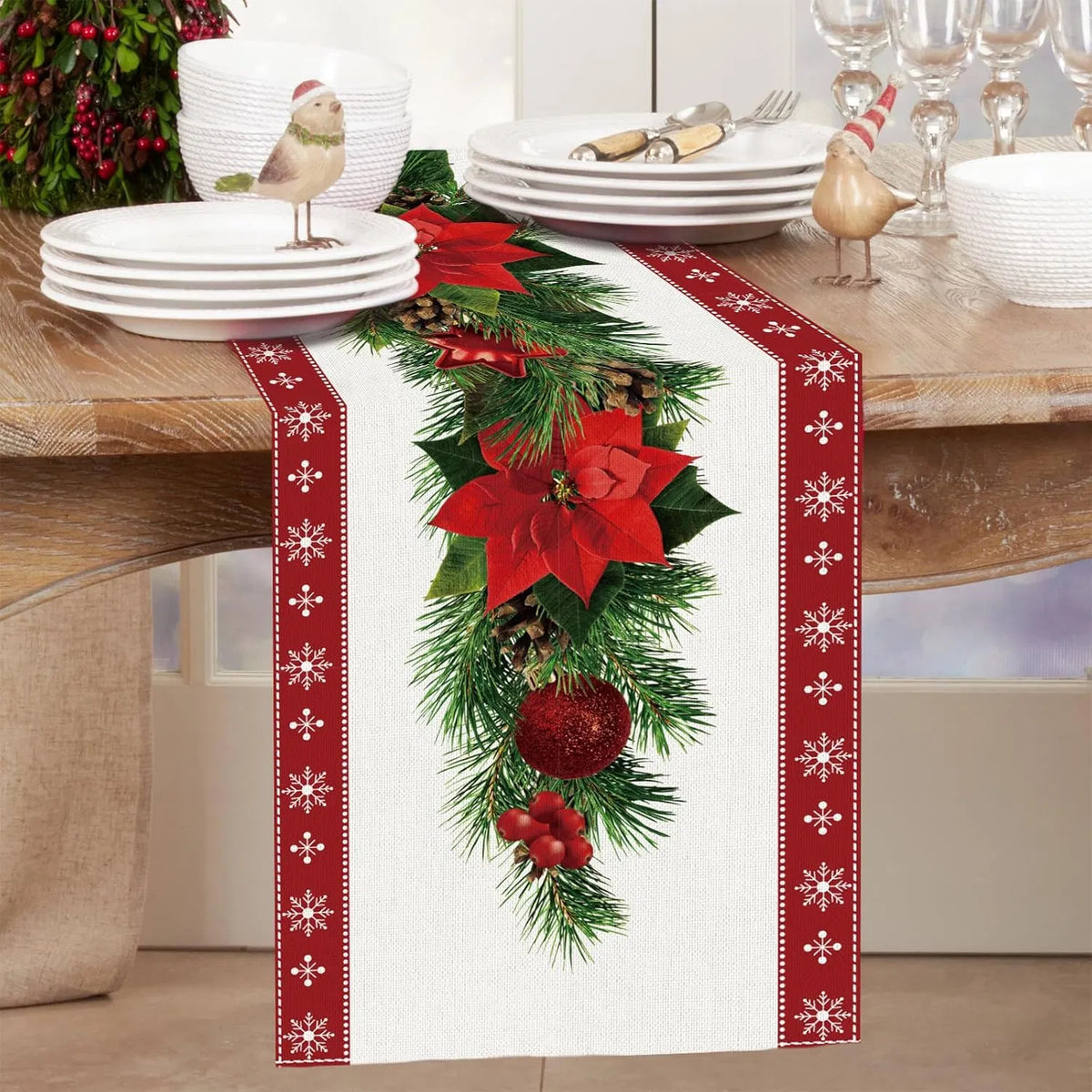 Watercolor Poinsettia Christmas Table Runner 13 x 72 In – image 6