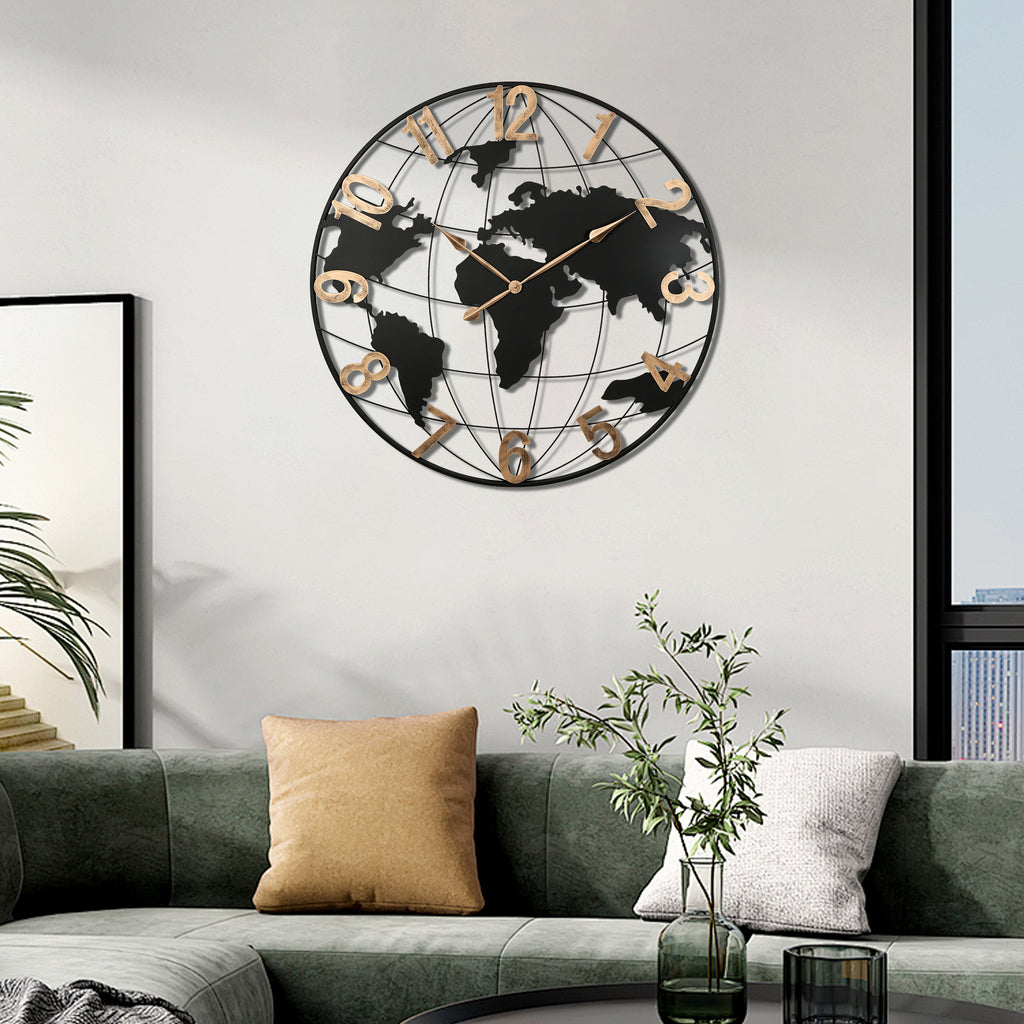 36 Inch World Map Metal Wall Clock, Black and Gold, Silent – image 2