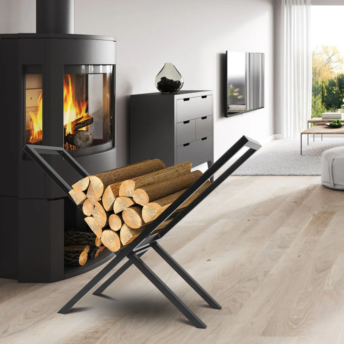 Firewood Log Rack - Foldable X-Frame Steel Wood Holder, 220 lb