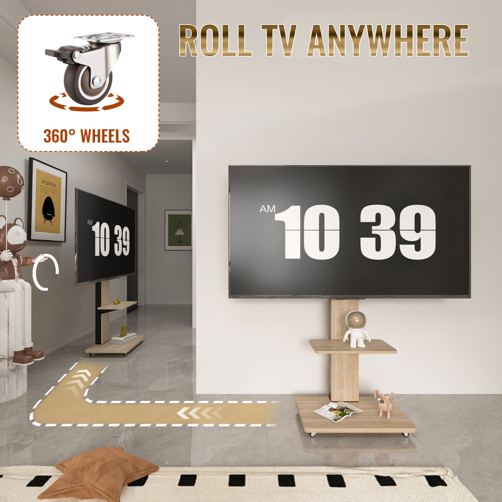 Wood TV Floor Stand with Shelf and Lockable Wheels for 32-75 Inch – image 5