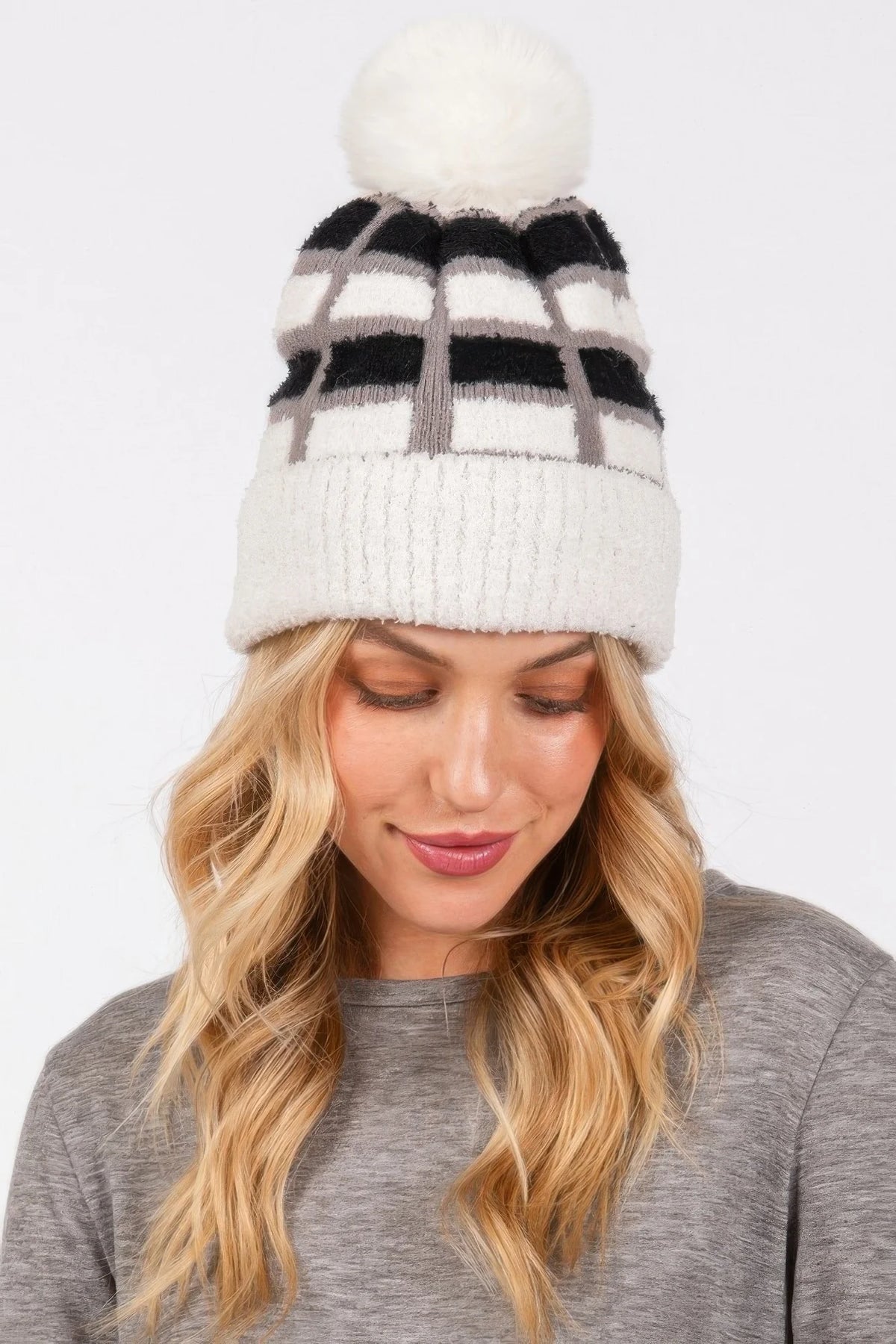 Color Block Pom Pom Beanie, Soft Stretch Knit Winter Hat