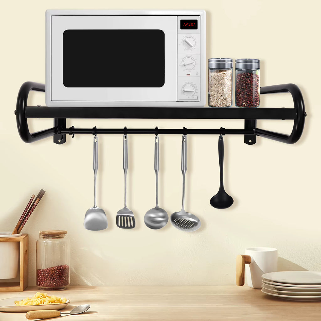 Wall Mount Microwave Shelf, Heavy Duty Steel Kitchen Shelf with 6 Hooks – image 3