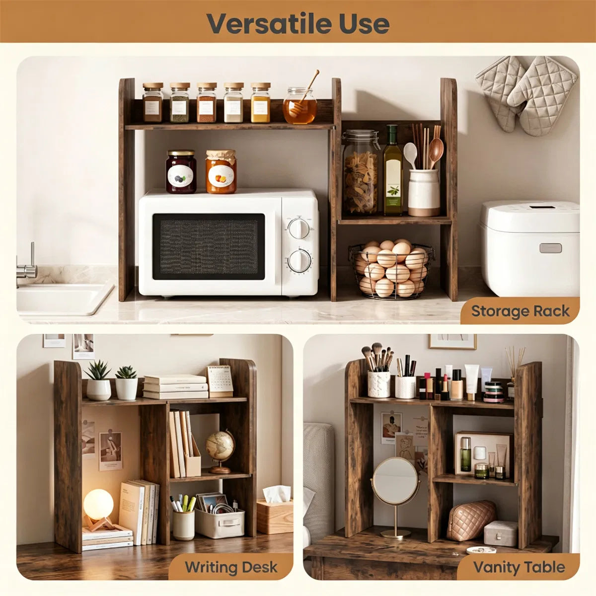 Expandable Desktop Hutch Shelf 26-38 Inch, Rustic Brown Desk Organizer – image 7