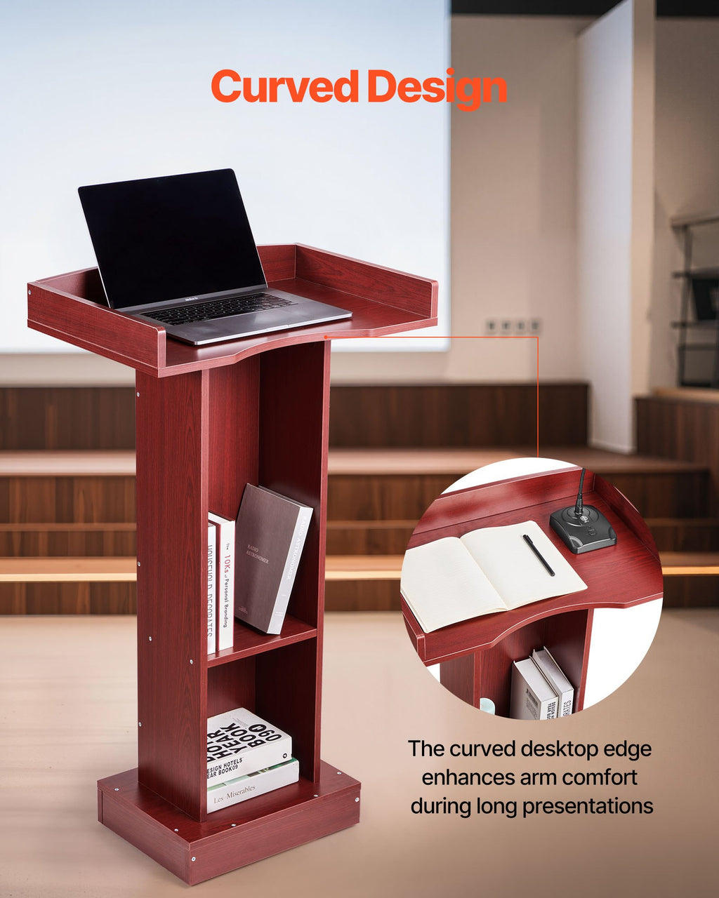 Wooden Lectern Podium Stand, 41 Inch, with Storage Shelf, Brown – image 4