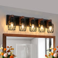 31 Inch Industrial 5-Light Cage Vanity Light, Black & Walnut