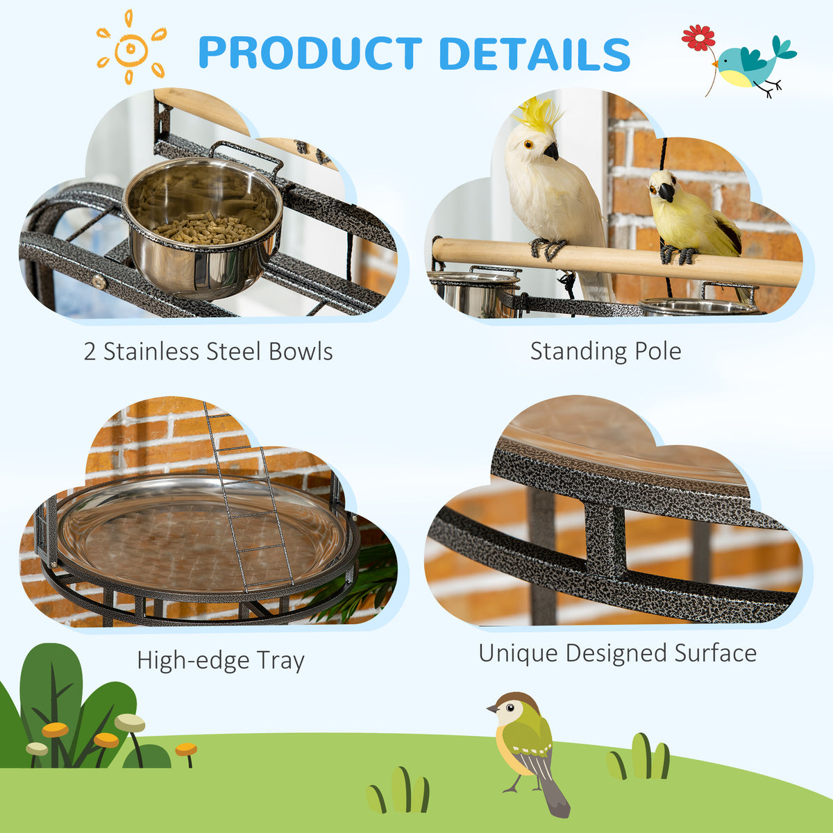 Parrot Stand, Large Bird Perch with 3 Ladders, Toy Hook and Wheels – image 5