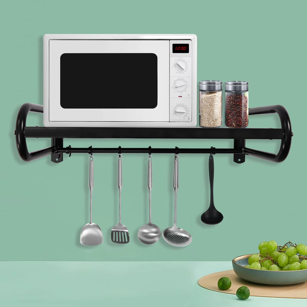 Wall Mount Microwave Shelf, Heavy Duty Steel Kitchen Shelf with 6 Hooks – image 2
