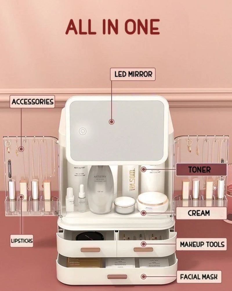Makeup Organizer Storage Box with 360° Rotating LED Mirror – image 2