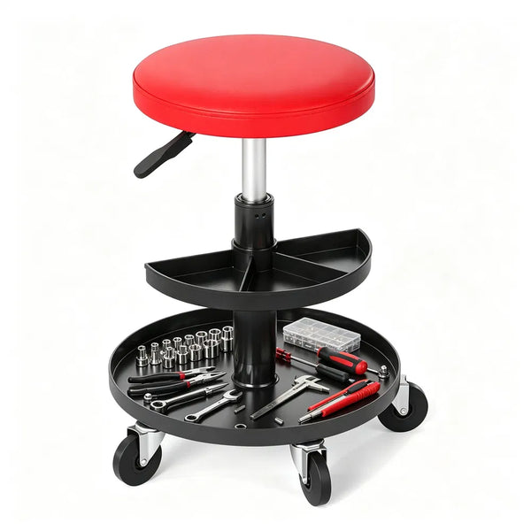 Mechanic Stool, Rolling with 2-Tier Tool Trays and Pneumatic Height