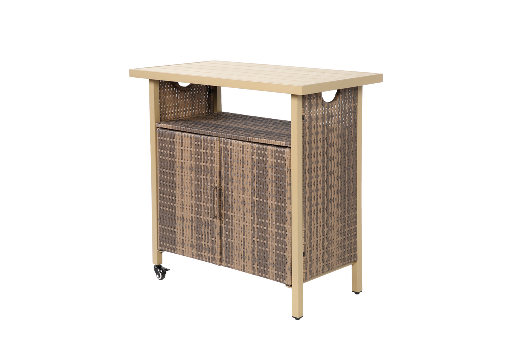 Outdoor Wicker Bar Cart with Wheels and Storage – Beige – image 4