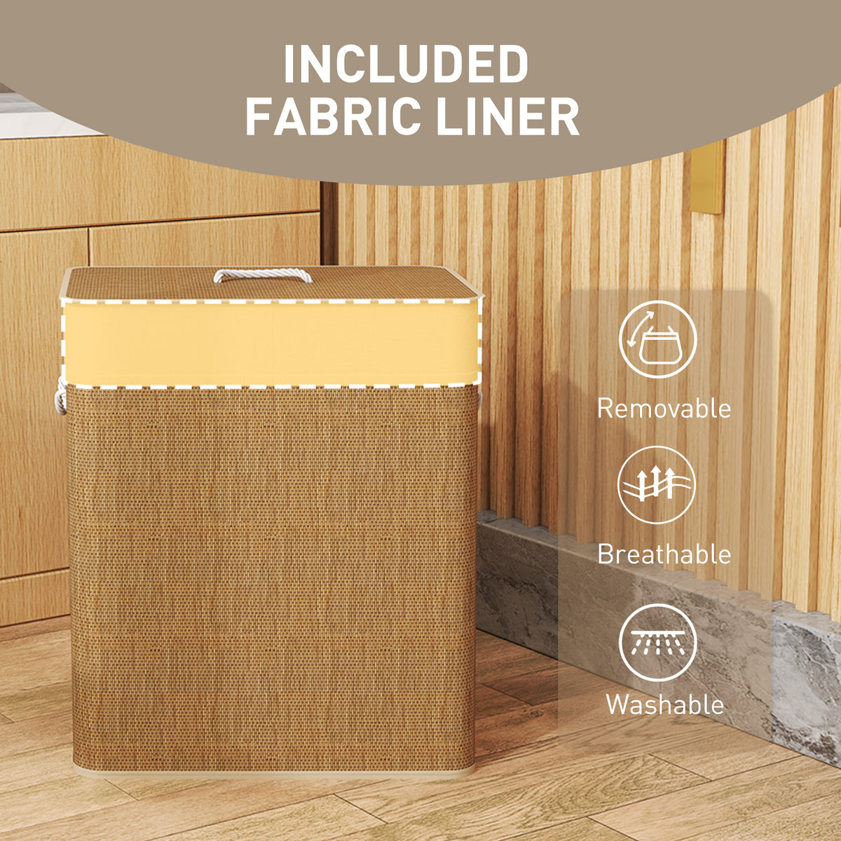 Bamboo Laundry Hamper with Lid, 26.4 Gal Double Basket – image 6