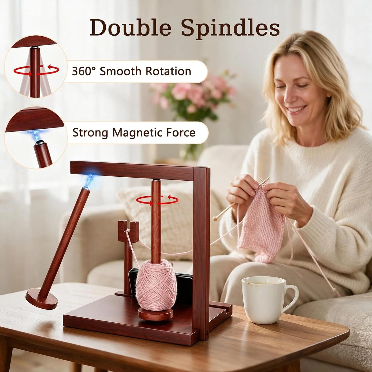 Wooden Yarn Holder with Double Magnetic Spindles for Crocheting – image 5
