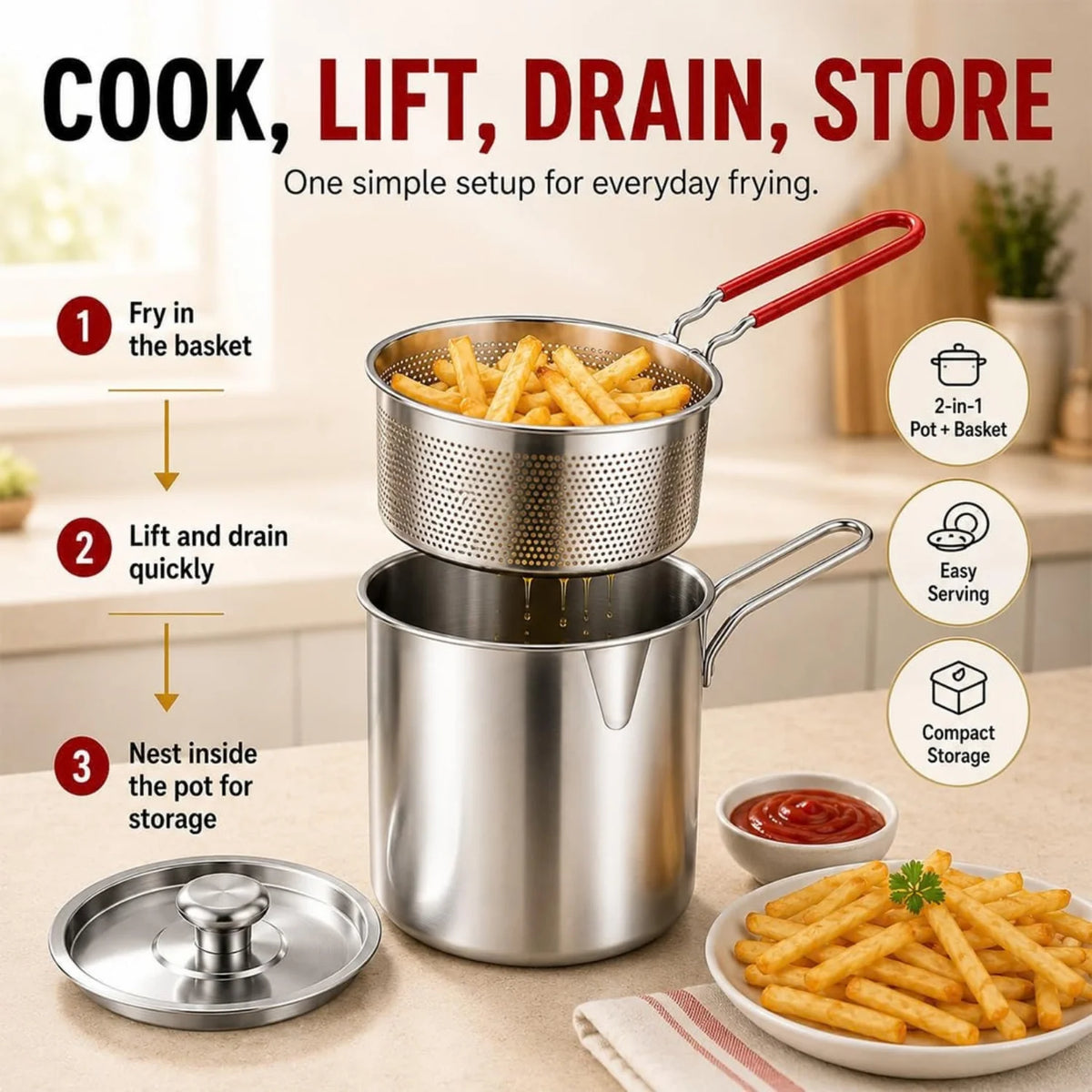 Fryer Pot with Draining Basket and Tongs, Stainless Steel – image 3