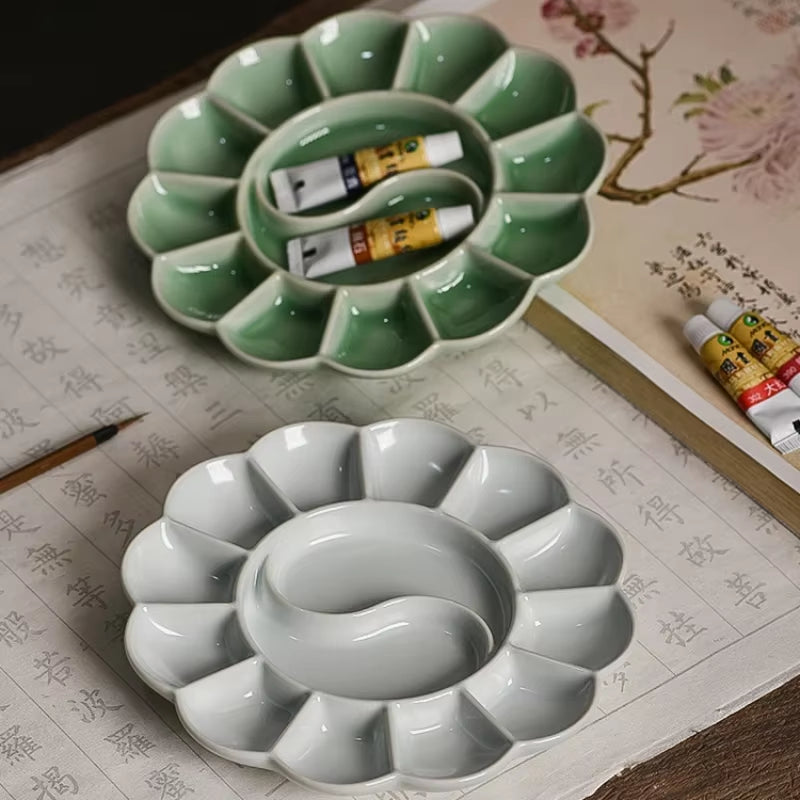 Handmade Celadon Ceramic Watercolor Palette, Plum Blossom Shape – image 2