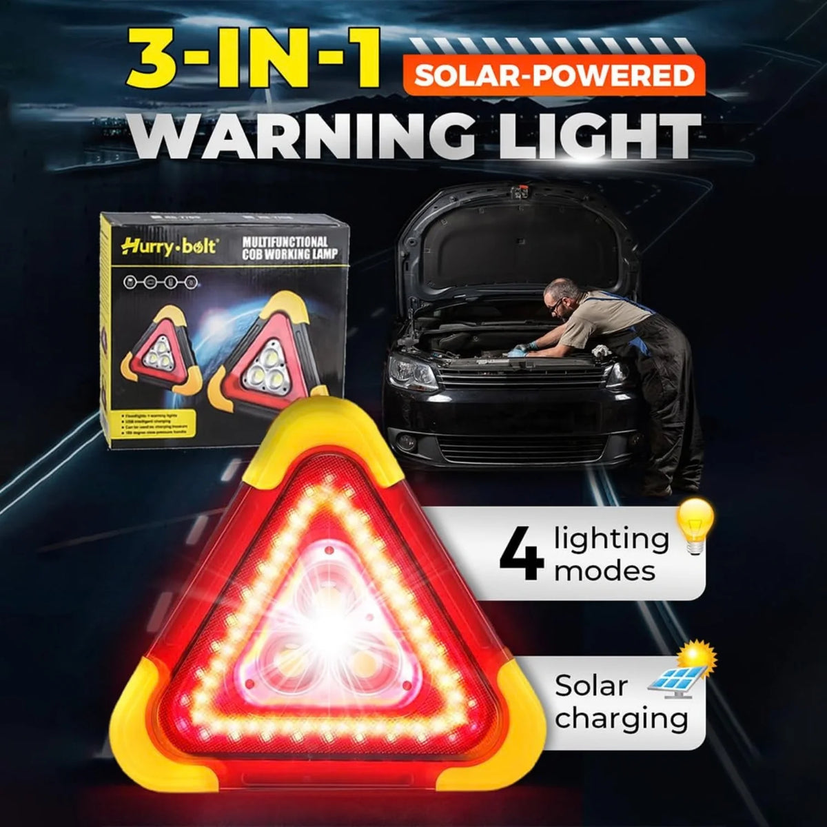 LED Emergency Triangle Warning Light USB Rechargeable Solar – image 2