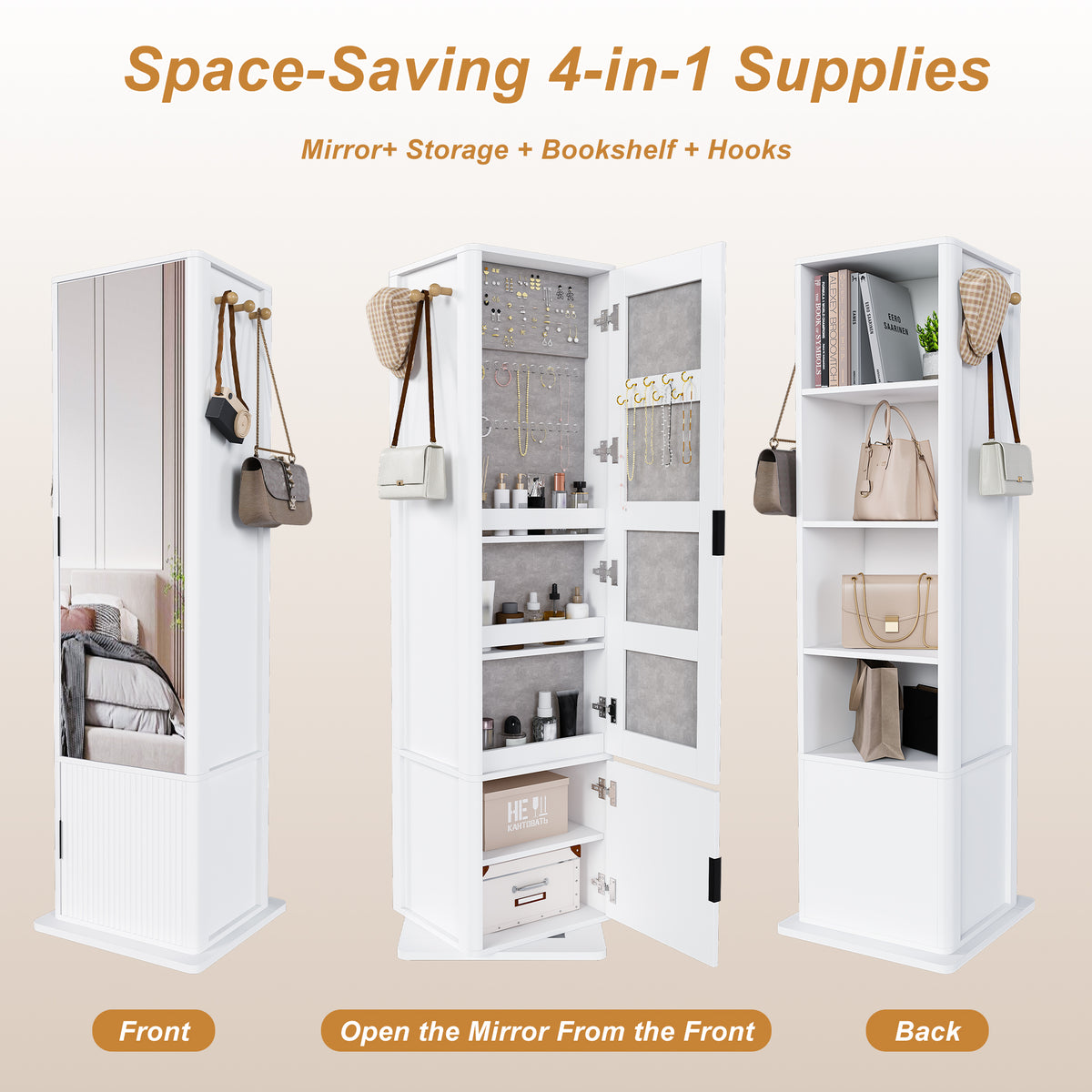 4-in-1 Revolving Makeup Tower with Full Mirror, Hat Hooks and Shelves – image 5