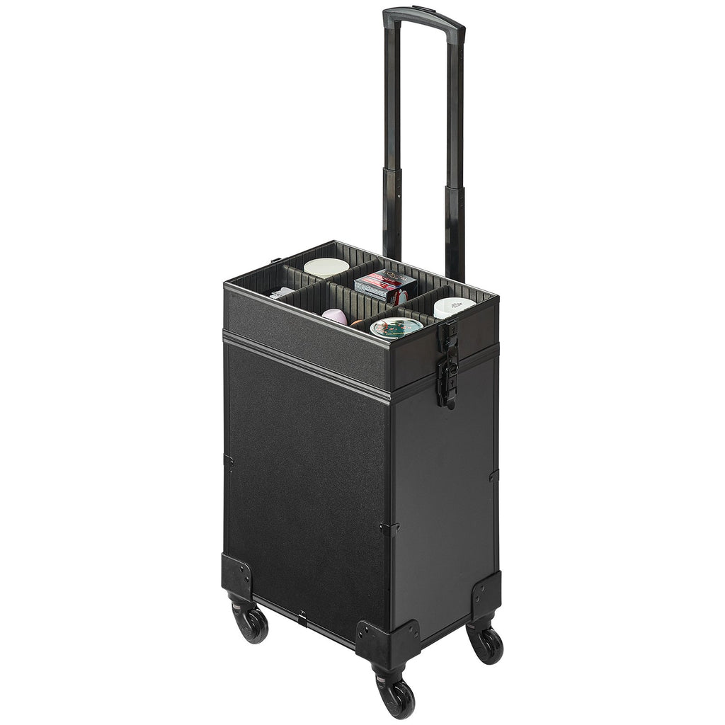 Rolling Makeup Case – 5-in-1 Aluminum Trolley Train Case, Black – image 2