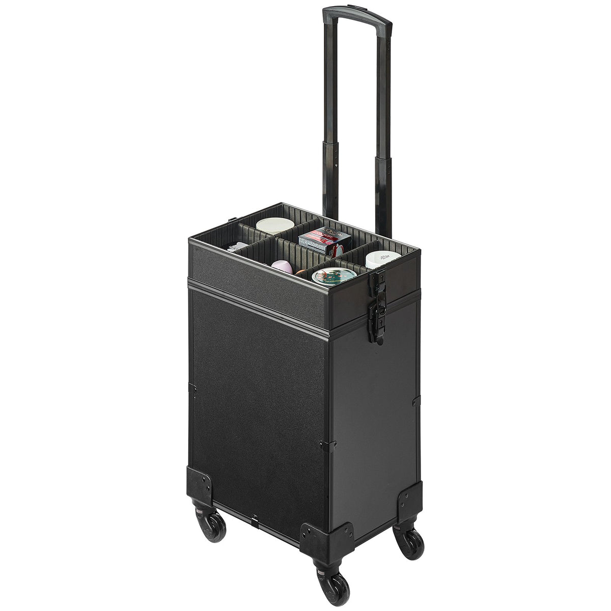 Rolling Makeup Case – 5-in-1 Aluminum Trolley Train Case, Black – image 2