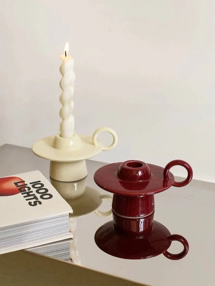 Retro Ceramic Candle Holder with Ring Handle, Handmade – image 3