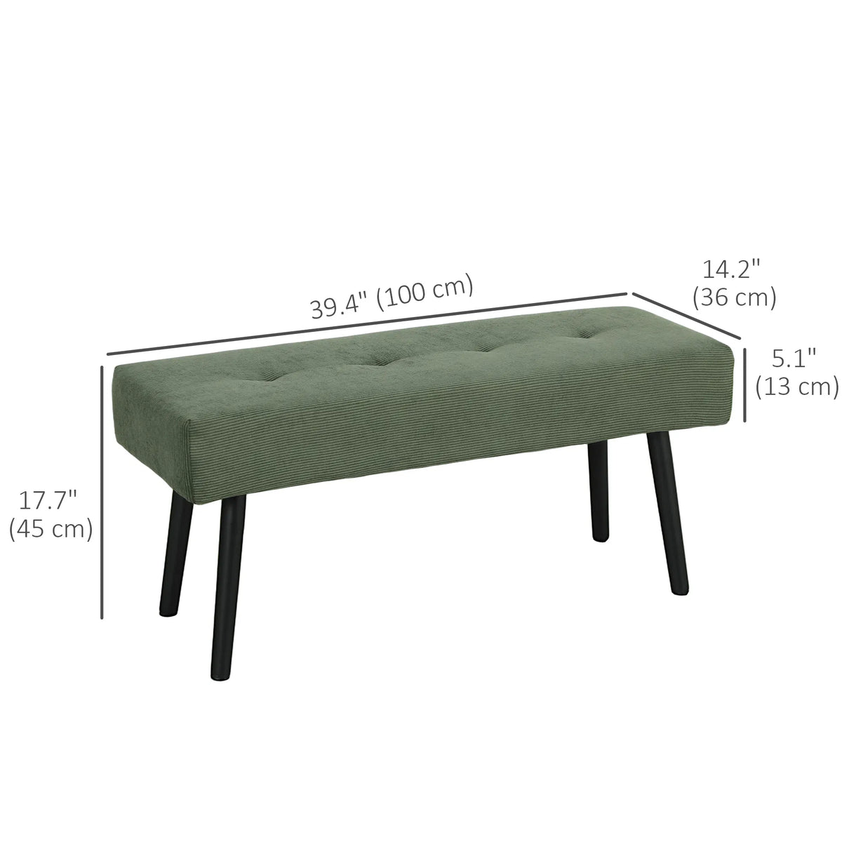 Corduroy Upholstered Bench 39 in with Steel Legs, Green – image 3