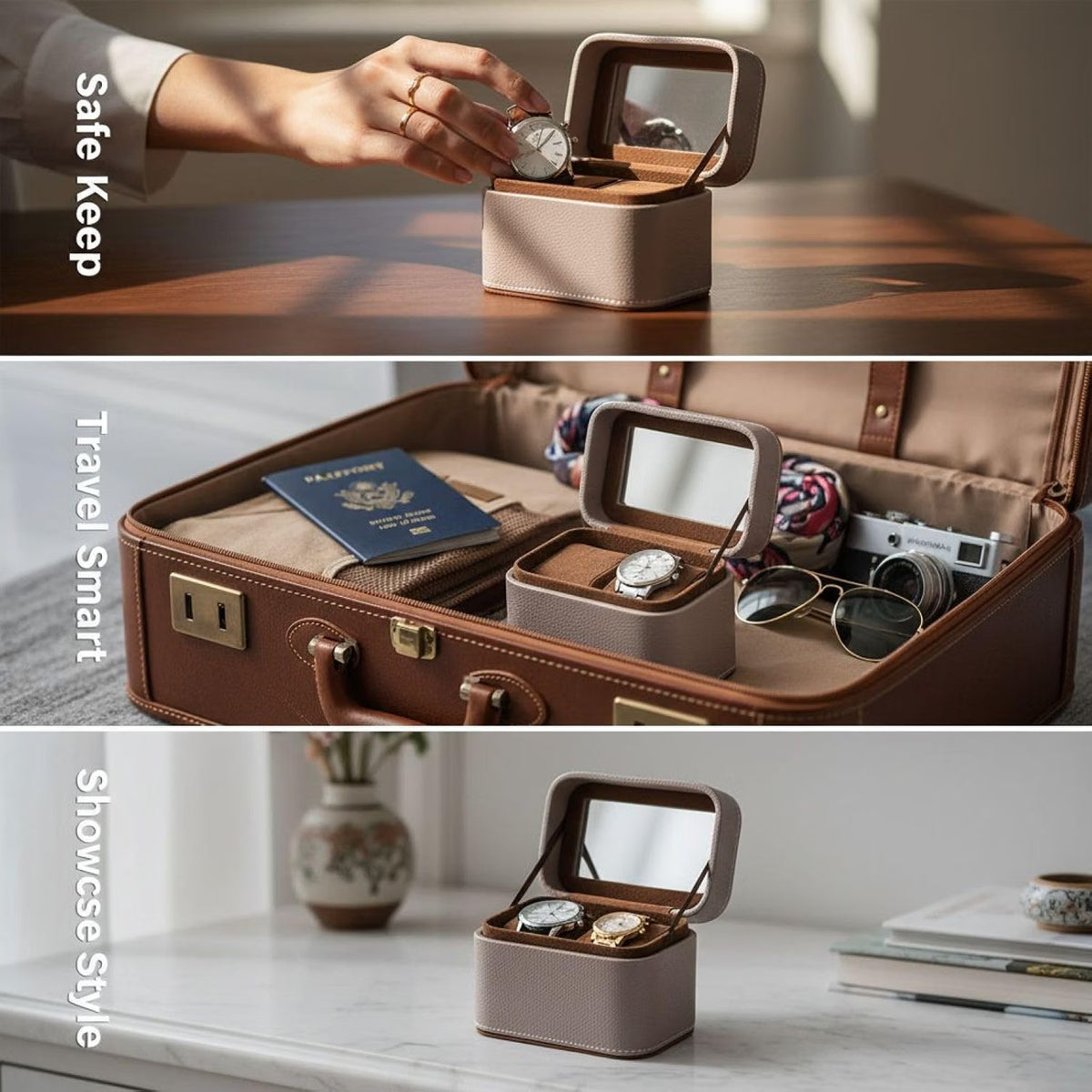 Watch Travel Case 2 Slot – Light Brown PU Leather with Clear Window – image 2