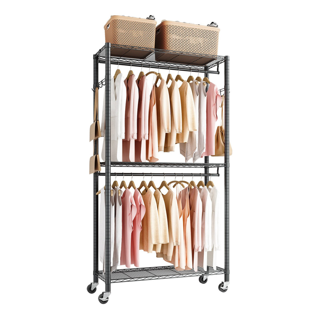 Rolling Clothes Rack with 3 Adjustable Shelves and Hooks – image 1