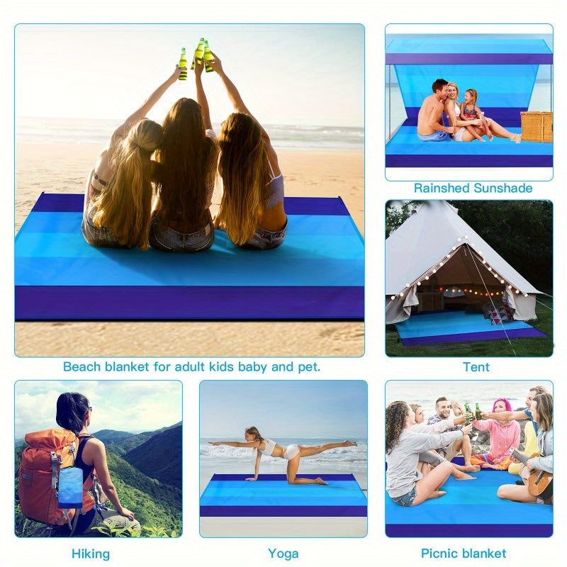 Sandproof Beach Blanket – Extra Large Waterproof Mat with Stakes, Blue – image 3