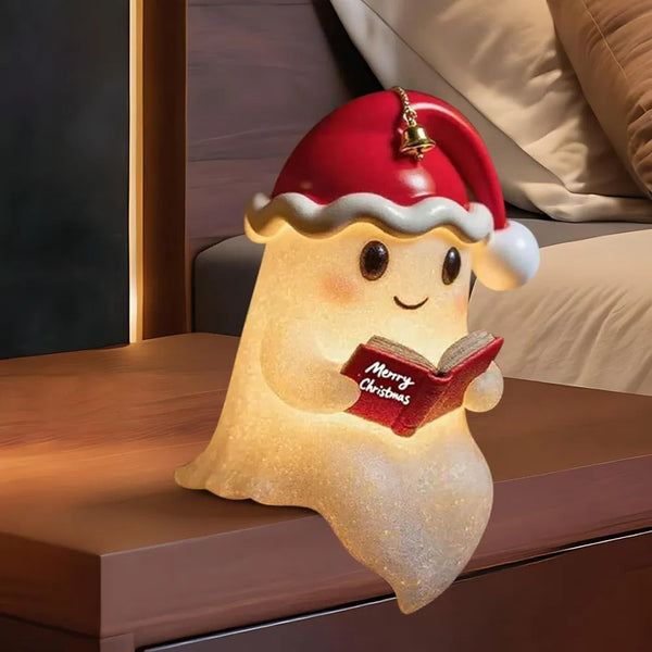 Ghost Reading Lamp with Christmas Hat, Light-Up Figurine