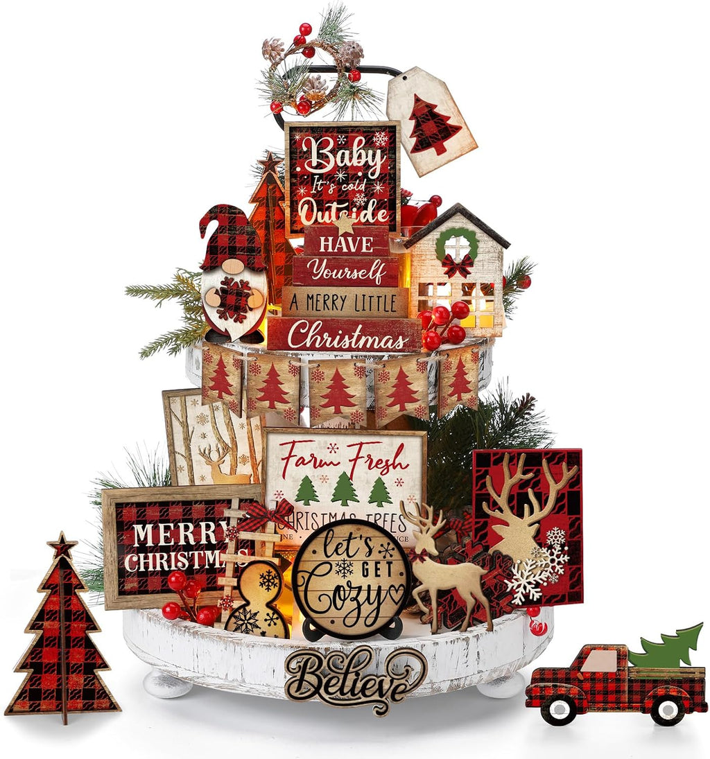 Christmas Tiered Tray Decor, Rustic Buffalo Plaid Wood, 24 Pack