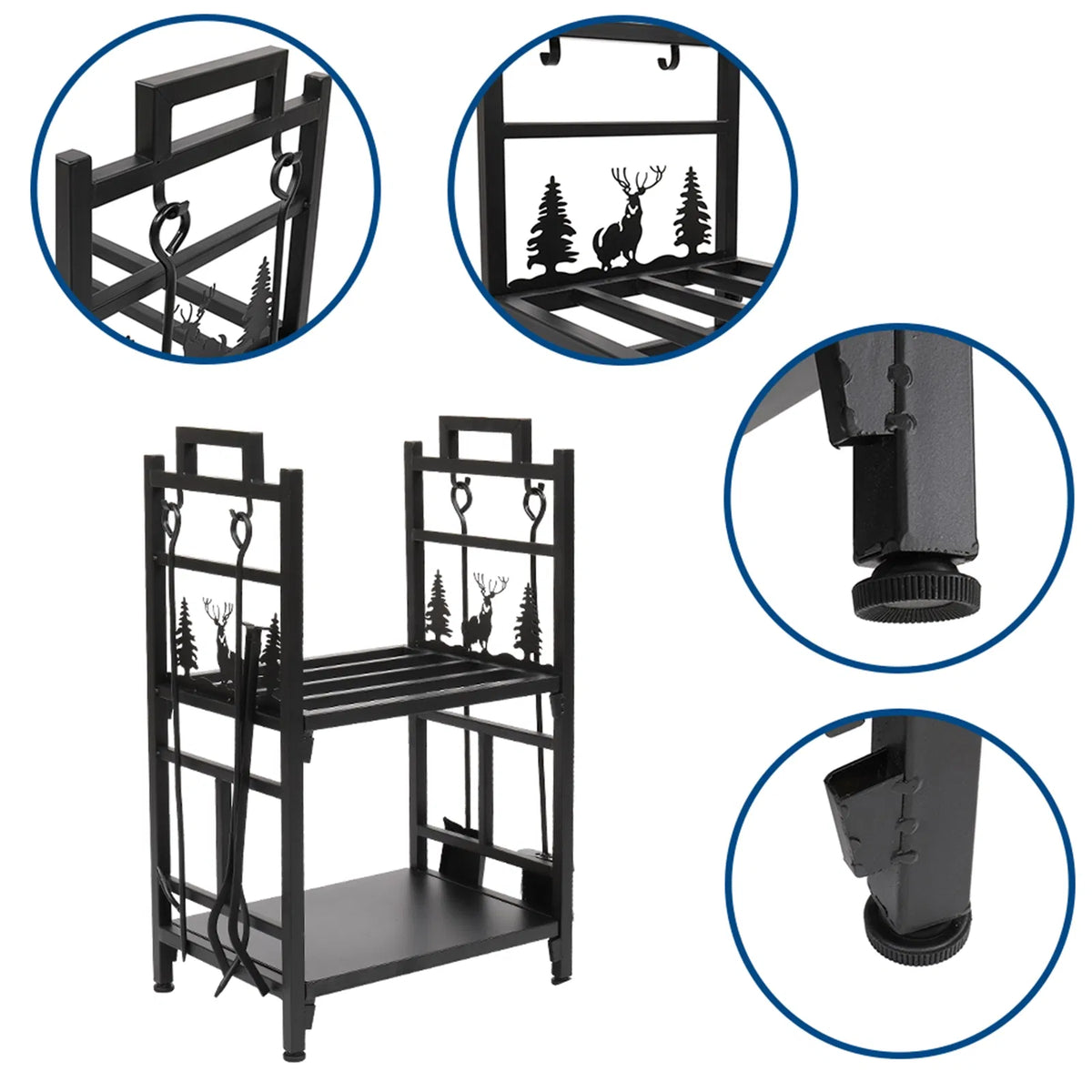 2-Tier Firewood Log Holder with 4 Fireplace Tools, Steel Log Rack – image 6