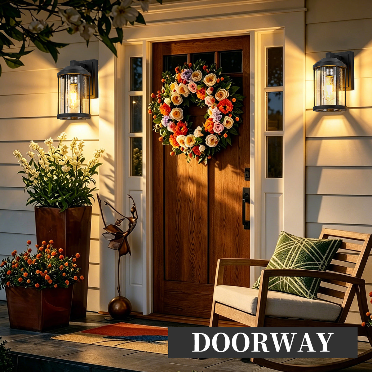 Outdoor Wall Sconces 2 Pack, Black Lanterns with Seeded Glass – image 4